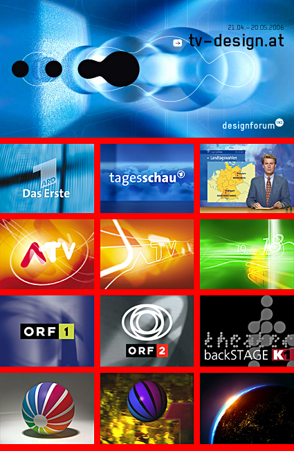 © www.tv-design.at 2006 — © Peter Turtschi 2006 — © Markus Hanzer — © DMC 2006 — Vom 21.04. bis 20.05.2006 — &lt;b&gt;Positionen des österreichischen TV Designs&lt;/b&gt; — Die Entwicklung des österreichischen Fernseh-Designs ist bis heute kaum dokumentiert. Neben den stilbildenden Eigenproduktionen der 70er und 80er [z.B: die Sende-Signets zu TV-Magazinen wie »Trailer« und »Panoptikum« oder die CI Entwürfe der »Ära Sokol«]  markiert das große ORF Re-design Anfang der 90er, umgesetzt von einer Gruppe von Designern um Neville Brody, eine bedeutende, aber nahezu unbekannte, Wende für TV-Design aus Österreich.  In den folgenden Jahren wurden einige der bekanntesten, deutschsprachigen Fernseh-Sender von Österreichern nachhaltig visuell geprägt, darunter ORF, ARD, RTL, PRO7, Sat1, VIVA1 oder VIVA2. — Ziel der Ausstellung tv-design.at ist es, größtenteils unbekannte Designer als Autoren zu zeigen, die durch ihre Arbeiten einen nachhaltigen Einfluss auf das ästhetische Empfinden und den »Erinnerungs-Fundus« einer ganzer Generationen haben. Dabei wird nicht an einer umfassenden Aufarbeitung des Themas gearbeitet, sondern eine subjektive Sichtweise gezeigt, welche die Arbeiten von einer handvoll Designern präsentiert. Anhand dieser Protagonisten wird ein Spannungsbogen von den frühen 70ern bis heute gezogen.